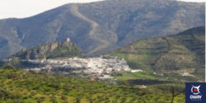 Distance view of the village of Zahara de la Sierra in Cadiz