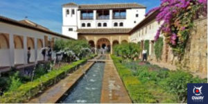 Garden of the Generalife with fountains in Granada