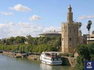 Impressive views of the Torre del Oro, from the City Sightseeing tourist bus in Seville.