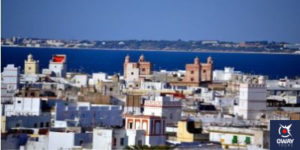 Vista de algunas de las torres de la ciudad de Cádiz con el mar de fondo